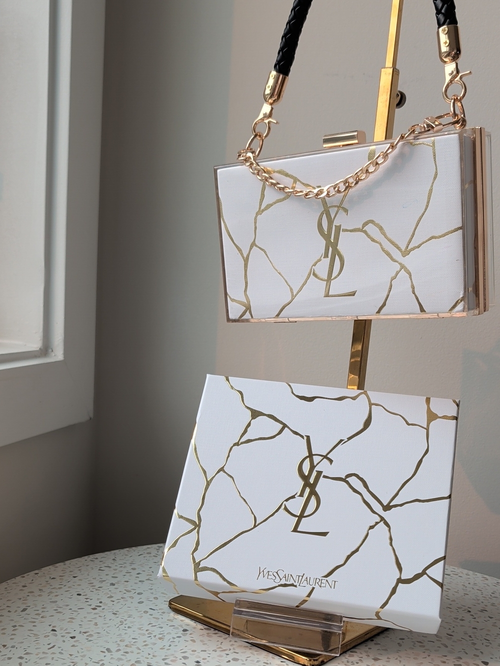 Upcycled White and Gold Acrylic Box Clutch & Box Gift Set